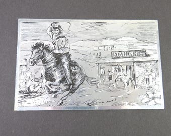 Vintage Pony Express Centennial Postcard 1960, Silver Metallic Foil