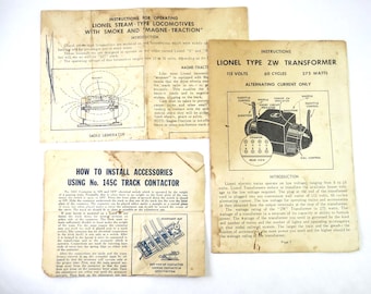 Vintage Lionel Train Instructions, 3 pc lot, 1950s 1960s, Steam Type Locomotive, Magne Traction, 145C Contactor, ZW Transformer