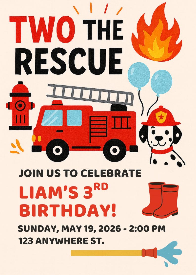 Fire Rescue Invitations Two the Rescue Birthday Invitation - Etsy