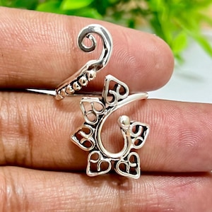 Sterling Silber Pfauenfeder Ring | Verstellbarer offener Statement Ring | Handgemachter Boho Herz filigraner Schmuck | Einzigartiges Naturinspiriertes Geschenk