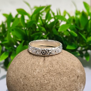 Handmade Sterling Silver Floral Band Ring | Vintage Style Flower Pattern Ring | Boho Minimalist Stacking Ring for Women,