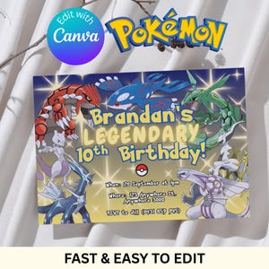 Legendary Pokemon Birthday Invitation, Editable Pokemon Theme Invite Template, Kids Birthday Party Landscape Invitation, Rayquaza Mewtwo