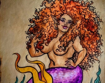 Black Mermaid with skulls Original Art Matted 11x14