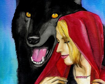 Little Red and the Wolf WATERCOLOR Original Art Matted 10x13