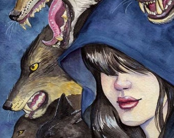 Mysterious Wolf Witch and her Pack WATERCOLOR Original Art Matted 12x16