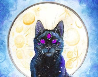 Mystical Moon Cat art print Matted 12x16 from original work by Felix Eddy