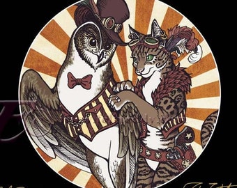 Steampunk Owl & Pussycat- 8x10 matted Signed ltd edition archival Print from Original artwork by Felix Eddy