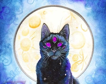 Mystical Galaxy Cat Familiar WATERCOLOR Original Art Matted 12x16