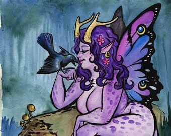 Curvy Fairy Maeven with blackbird 8x10 Archival Art Print from original by Felix Eddy