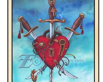 The Three of Swords- Steampunk Tarot art print 8x10 from original work by Felix Eddy