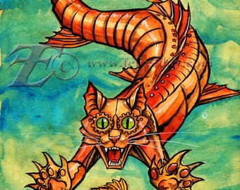 Steampunk Mecha-kitty Mermaid Original Art Matted 12x16