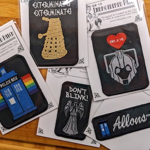 Geeky sew-on Embroidered Patch- ALLONS-Y, TARDIS rainbow, weeping angels, exterminate delete