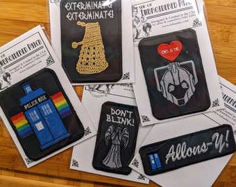 Geeky sew-on Embroidered Patch- ALLONS-Y, TARDIS rainbow, weeping angels, exterminate delete