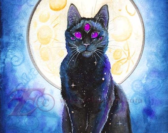 Mystical Moon Cat art print 8x10 from original work by Felix Eddy