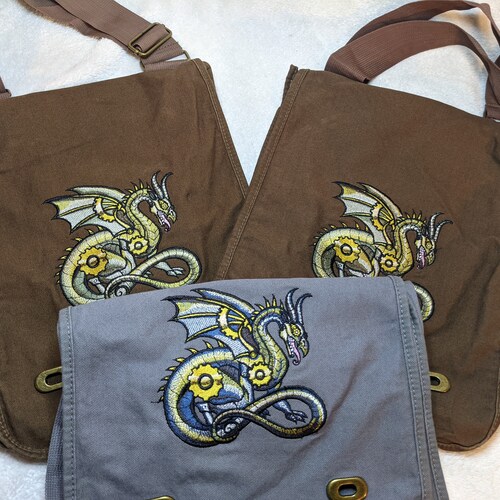Steampunk Dragon Embroidery on Canvas Messenger Bag Etsy