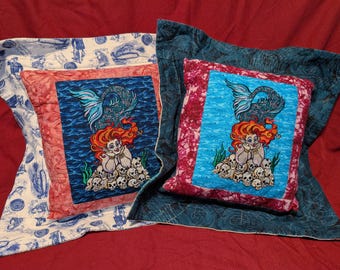 Mermaid with Skulls Embroidered  Quilted Throw Pillow