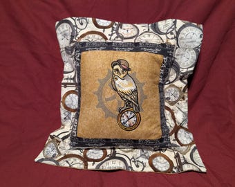 Steampunk Owl Embroidered  Quilted Throw Pillow