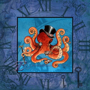 Peut inclure: Une illustration fantaisiste d'une pieuvre portant un chapeau haut de forme et une monocle, tenant une canne et une tasse à thé. La pieuvre est entourée d'un fond bleu avec un cadran d'horloge et des clés.