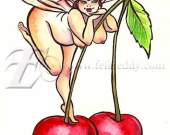 Curvy Cherry Fairy Pinup 8x10 Archival Art Print from original by Felix Eddy