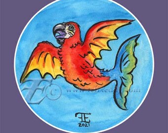 Mer-Parrot Bird Mermaid Original Art Matted 8x8