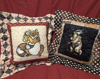 Gear Raccoon or Badger Embroidered  Quilted Throw Pillow