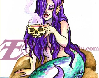 Mermaid with Coffee Skull 8x10 Archival Art Print from original by Felix Eddy