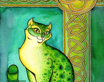 Celtic Cat Art Print: Watercolor Pen & Ink Drawing (8x10)