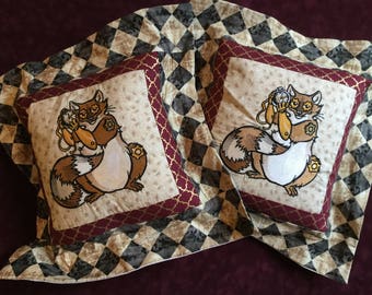 Steampunk Clockwork Raccoon Embroidered  Quilted Throw Pillow