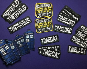 Geeky sew-on Embroidered Patch- TimeLord, TimeLady, TimeTraveller, Timecat, TARDIS, Emotional Support Hufflepuff