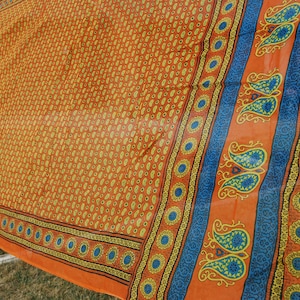 Vintage Sari, Linen Gauze, Woodblock Batik, Orange & Blue Paisley, 44" x 16'