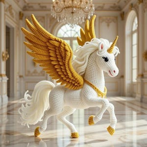 May include: A white crochet unicorn with golden wings, a golden horn, and a golden collar. The handmade mythical creature has a flowing white mane and tail, and is posed in a dynamic stance. The background is a room with a chandelier.