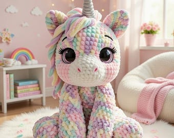 Wzór na szydełkowego jednorożca | Pluszowy koń amigurumi, fantastyczna zabawka (do pobrania w formacie PDF)