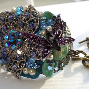 OOAK Assemblage Cuff Bracelet Butterfly Wishes Rhinestone Flower Swarovski Crystal Turquoise Nugget image 2