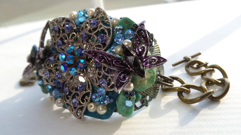 OOAK Assemblage Cuff Bracelet Butterfly Wishes Rhinestone Flower Swarovski Crystal Turquoise Nugget image 2