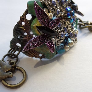 OOAK Assemblage Cuff Bracelet Butterfly Wishes Rhinestone Flower Swarovski Crystal Turquoise Nugget image 3
