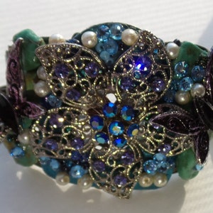 OOAK Assemblage Cuff Bracelet Butterfly Wishes Rhinestone Flower Swarovski Crystal Turquoise Nugget image 1