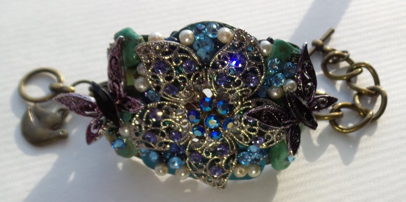 OOAK Assemblage Cuff Bracelet Butterfly Wishes Rhinestone Flower Swarovski Crystal Turquoise Nugget image 1