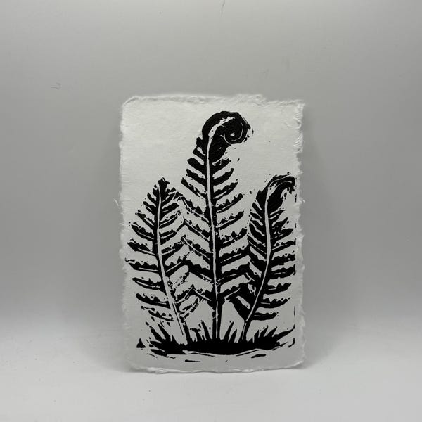 Botanical Linocut Print | Hand Carved Block Print | Black & White Fern Art | Wall Art 4x6” | Woodland Wall Art 4x6”