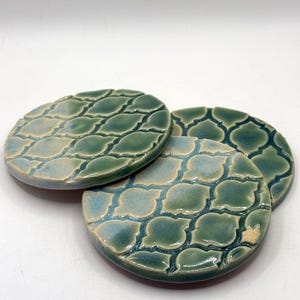 Handmade Ceramic Coaster Set – Moroccan Tile Pattern – Glossy Teal and Sky Blue Glaze – Set of 3 | Chaos to Clay