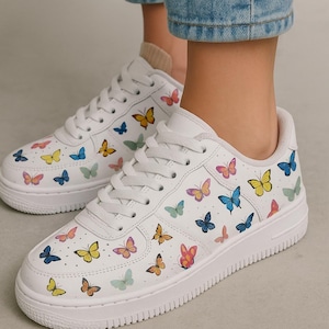 White Butterfly Sneakers | Colorful Low-Top Shoes for Women | Custom Gift for Her | Spring Summer Fashion Trainers