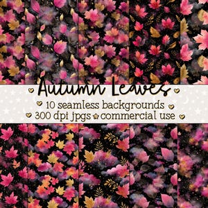 May include: A collection of ten seamless backgrounds featuring autumn leaves in shades of pink, gold, and orange against a black backdrop. The text "Autumn Leaves" is displayed, along with details about the backgrounds.