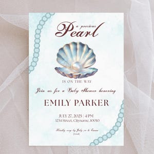 Pearl and Seashell Baby Shower Invite, Editable Ocean Baby Shower Invitation, Precious Pearl Baby Invite, Digital