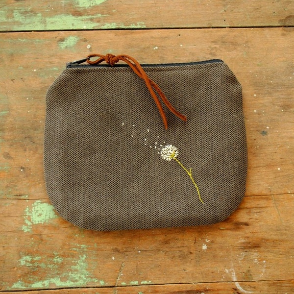 Zip pouch with dandelion flower embroidery / upcycled faux suede / made to order