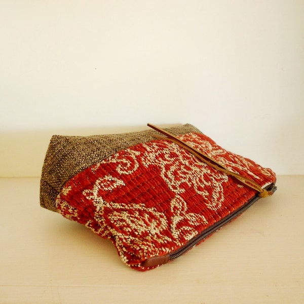 Pencil case / cosmetic bag / red patterned / upcycled / eco friendly gift