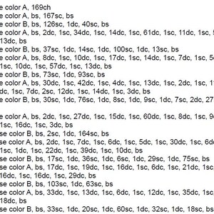 May include: A crochet pattern with instructions for rows 0-16, including color changes and stitch counts. The pattern uses abbreviations like 'ch', 'sc', 'dc', and 'bs'.