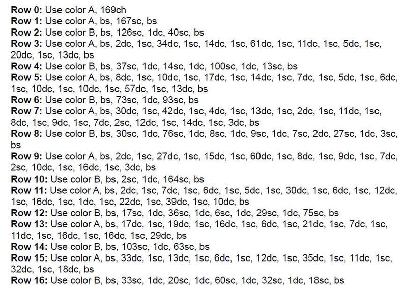 May include: A crochet pattern with instructions for rows 0-16, including color changes and stitch counts. The pattern uses abbreviations like 'ch', 'sc', 'dc', and 'bs'.
