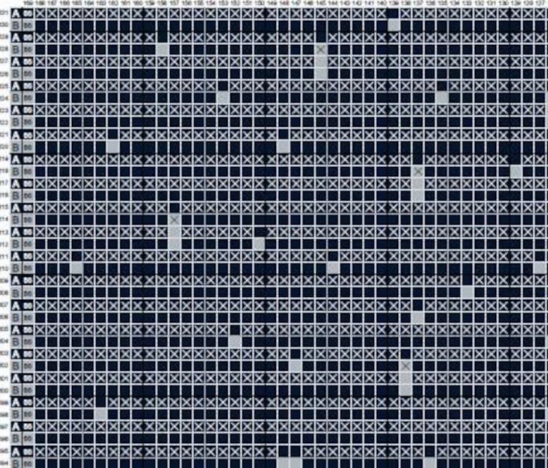 May include: A grid-like pattern with a dark blue background and a white grid overlay. The grid is filled with white 'X' marks and some gray squares. The image has a repeating pattern.