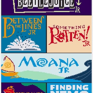 May include: A vibrant collage showcasing logos for various musicals. The image includes titles such as "Beetlejuice JR," "Between the Lines JR," "Something Rotten! JR," "Moana JR," "Descendants The Musical," and "Finding Nemo JR." Each title has a distinct font and colour palette.