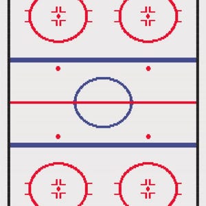 May include: A digitally rendered hockey rink design. The image features a white background with red and blue lines, circles, and markings. The rink includes face-off circles, center ice circle, and goal creases.