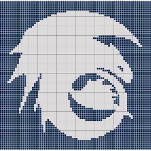 May include: A square grid pattern featuring a light gray silhouette of a stylized dragon head against a dark navy blue background. The design is composed of individual square pixels, creating a geometric representation of a creature with a curved snout.